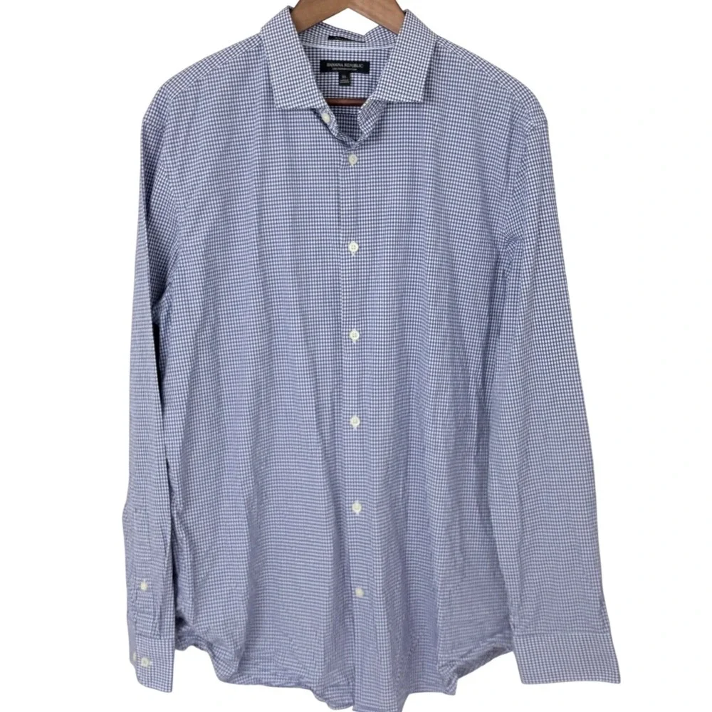 Banana Republic Button Down Shirt Mens XL Blue‎ Gingham Cotton Casual Office